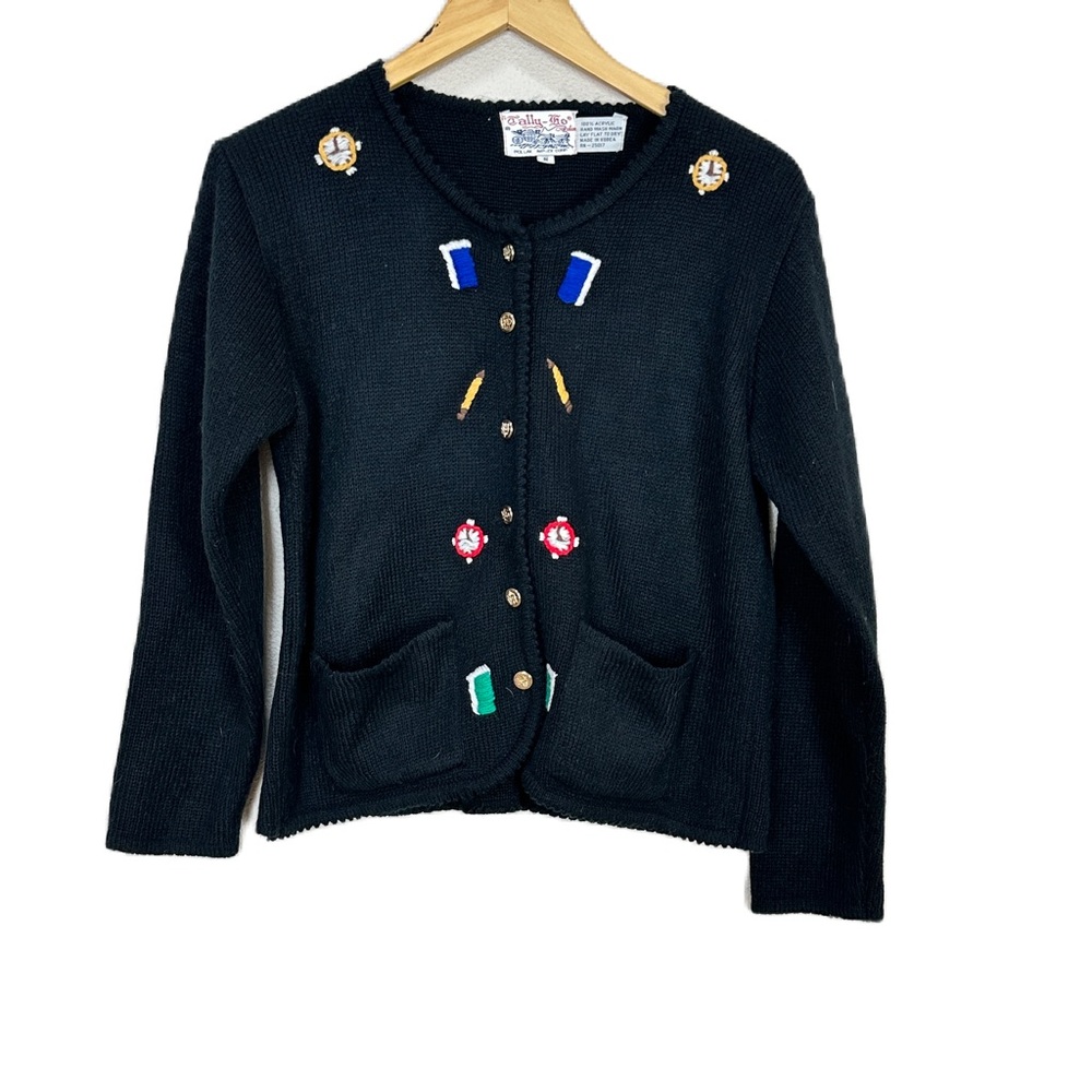 VTG Tally Ho School Teacher Black Knit Cardigan Sweater Women’s Sz Small
